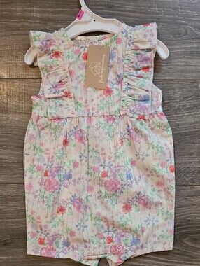 Floral Ruffle Baby Romper Dress - White with Pastel Florals 6-9M